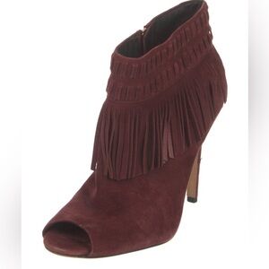 Rebecca Minkoff Burgundy Suede Fringe Peep Toe Ankle Booties 9.5
